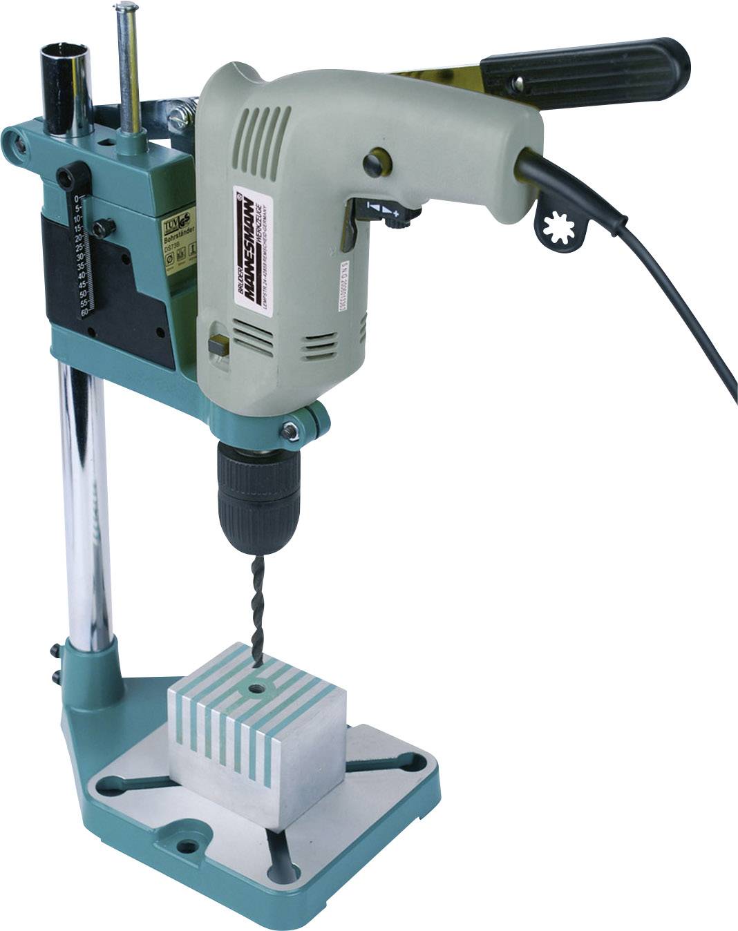 Bohrmaschine mit Ständer, montiert auf einer blauen Basis. Die Maschine hat einen schwarzen Griff und ist mit einem Bohrer ausgestattet.