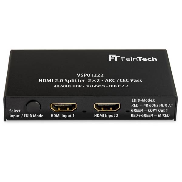 FeinTech VSP01222 HDMI 2.0 Splitter 2x2 mit ARC Pass und 4K Downscaler