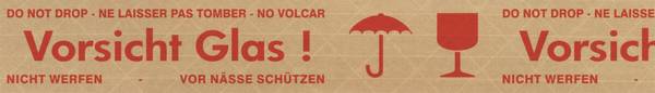 Hinweis-Klebeband,"Vorsicht Glas",DE/EN/FR/ES,LxB 150m x 50mm,Band braun,Aufdruck rot