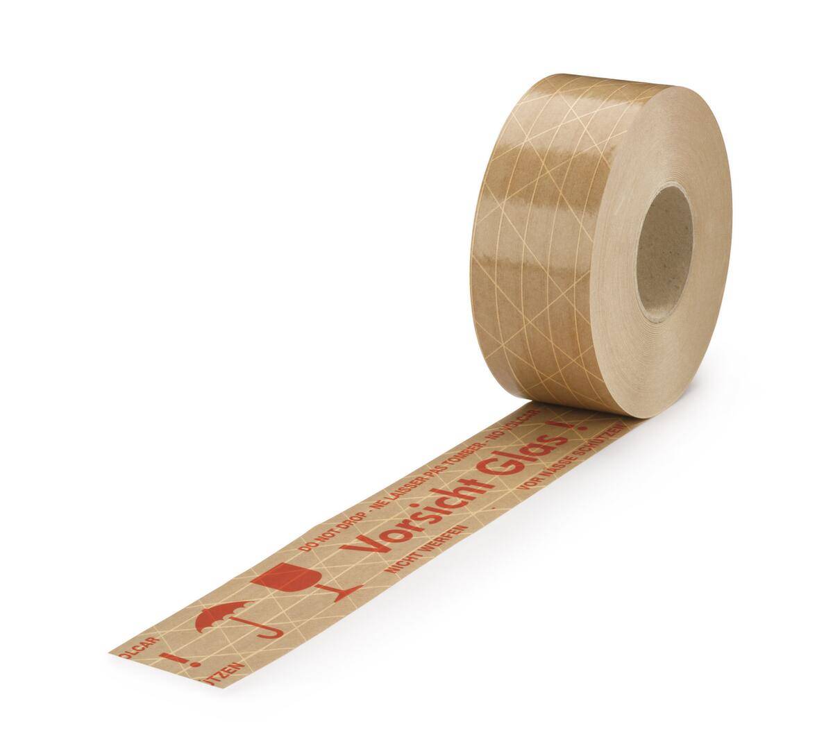 Hinweis-Klebeband,"Vorsicht Glas",DE/EN/FR/ES,LxB 150m x 50mm,Band braun,Aufdruck rot-1