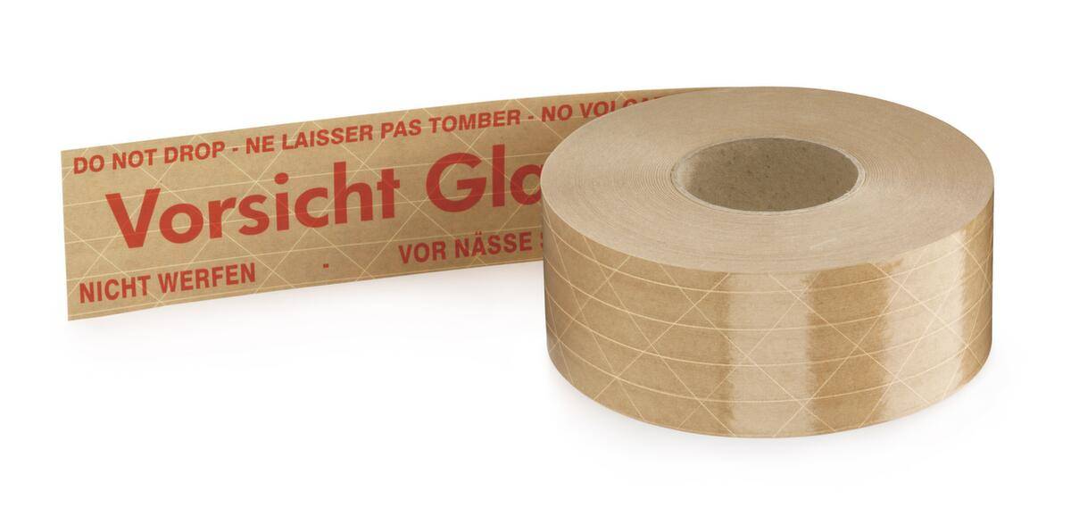Hinweis-Klebeband,"Vorsicht Glas",DE/EN/FR/ES,LxB 150m x 50mm,Band braun,Aufdruck rot-2