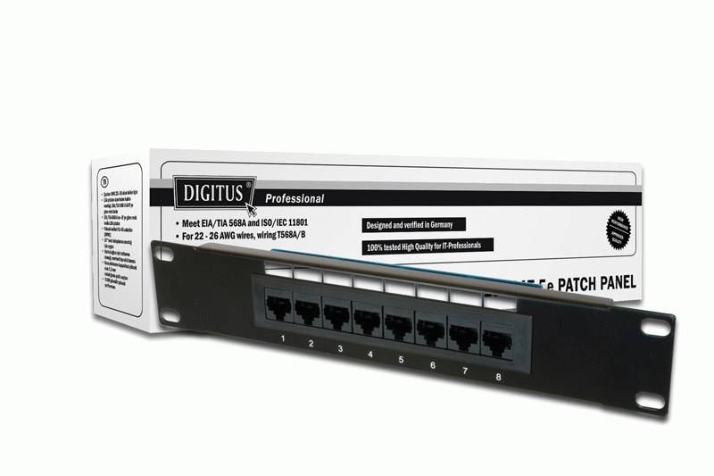 Digitus DN-91508U 8 Port Netzwerk-Patchpanel 254 mm (10") CAT 5e 1 HE Schwarz Bestückt-1