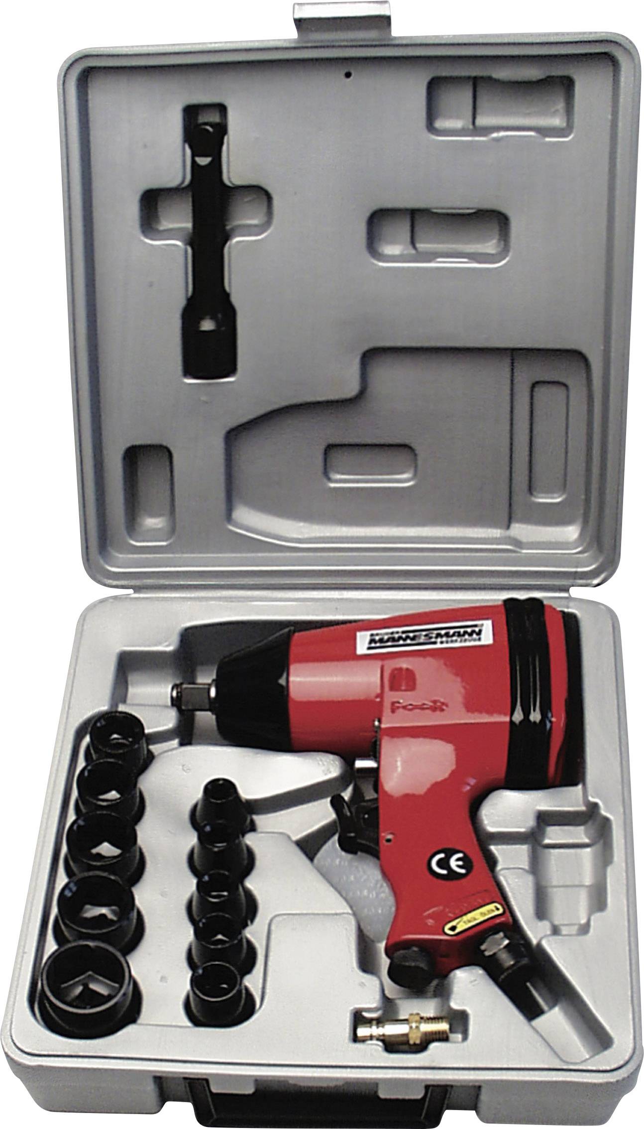 Roter Druckluft-Schlagschrauber-Set in einem offenen Koffer, inklusive diverser Stecknüsse. Ideal für den Einsatz in der Automechanik.