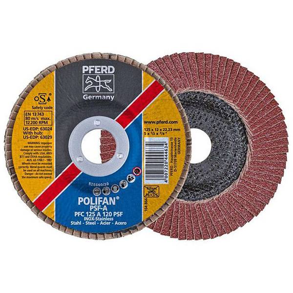 Fächerschleifscheibe - PFERD POLIFAN® - für Stahl/INOX/Kunststoff - konische Ausführung - Bezeichnung PFC 125 A 120 PSF/22,23 - Maße (D x U x H) 125 x 12 x 22,23 mm - Korngröße 120 - max. zul. Drehzahl 12200 min-¹ - VE 10 Stück - Preis per VE