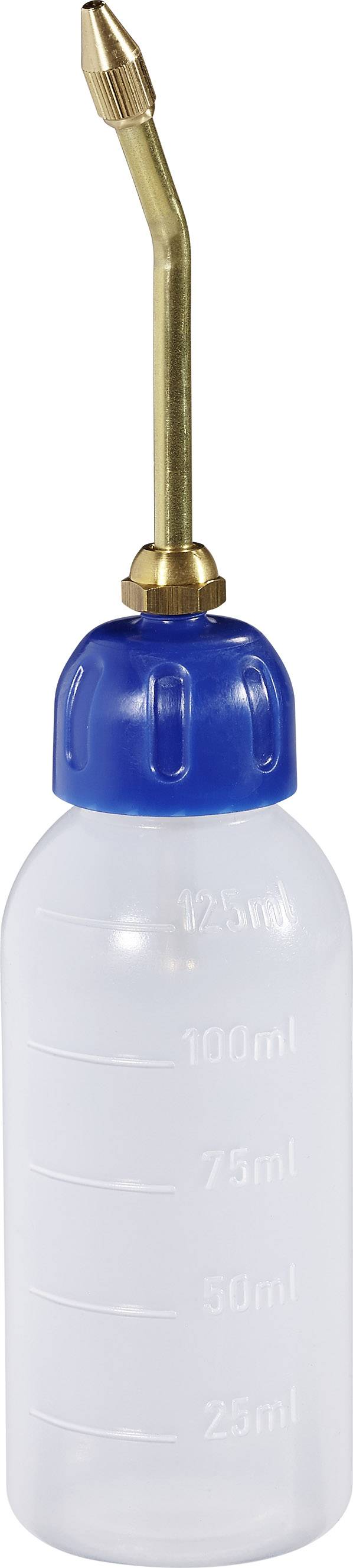 Eine Spritzflasche mit blauer Kappe und gebogener Metallspitze, auf der Flüssigkeitsvolumen in Millilitern markiert sind.