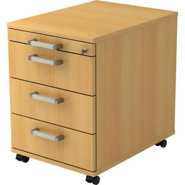 Rollcontainer 58cm 3 Schübe Schloss Chromgriff Buche