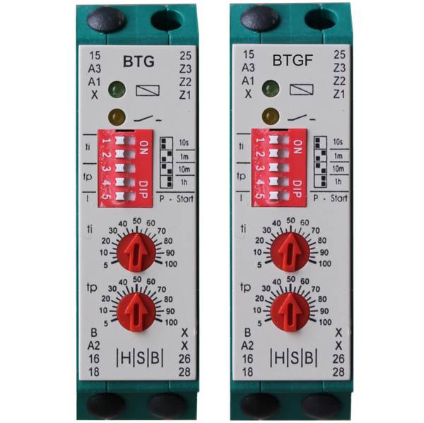 Zeitrelais Taktgeber mit galv. Trennung BTGF, 230V AC u. 24V AC/DC, Zeitbereich: 0,15s - 60min, 2 Wechsler