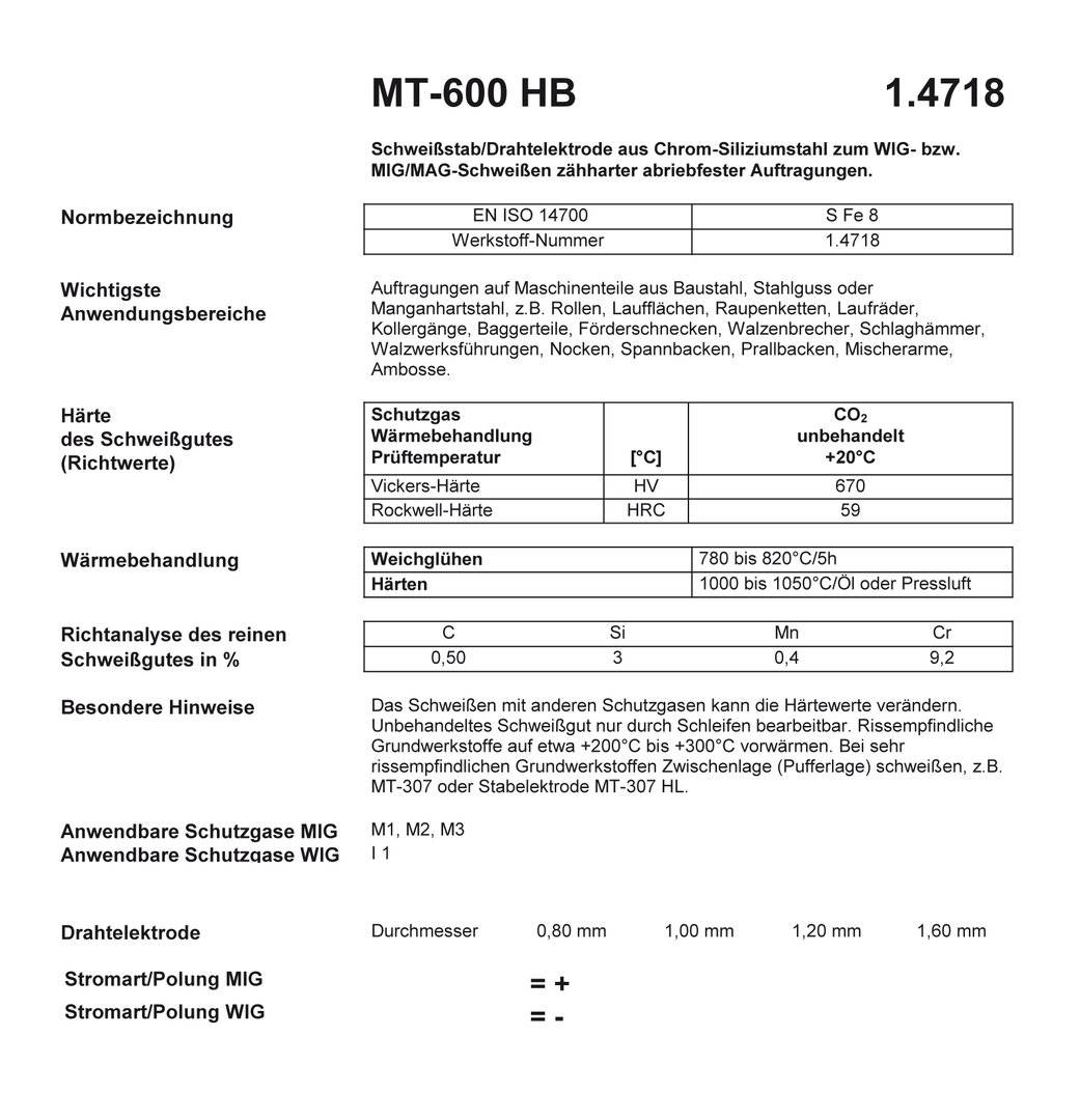 MTC MT-600 HB 1.4718 Drahtelektrode/Schweißdraht 0,8 mm Ø 5 kg Hartauftrag Panzerdraht-1