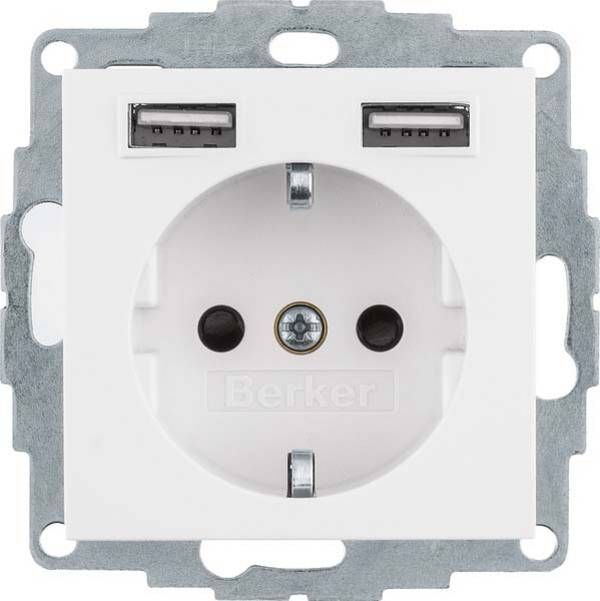 Berker SCHUKO-Steckdose mit 2× USB-A, polarweiß glänzend, Unterputz