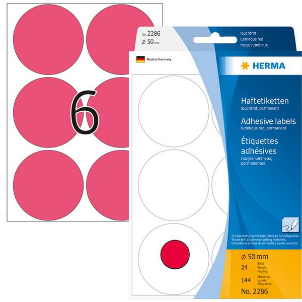 HERMA - Papier - permanenter Klebstoff - Luminous Red - 50 mm rund 144 Etikett(en) (24 Bogen x 6)