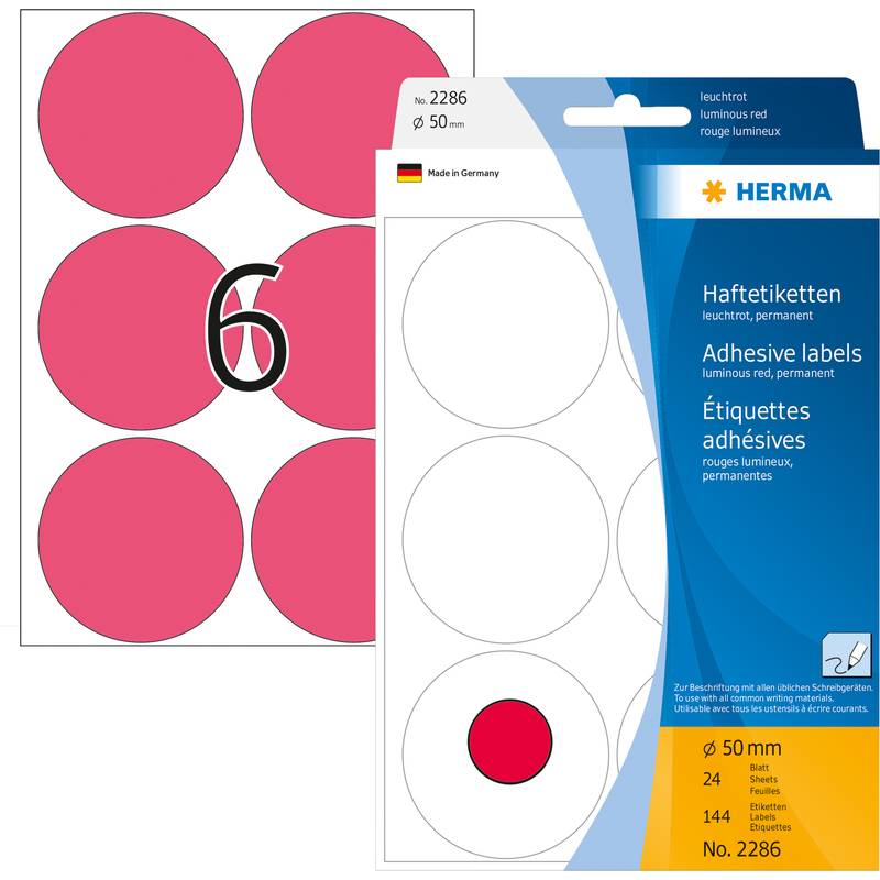 HERMA - Papier - permanenter Klebstoff - Luminous Red - 50 mm rund 144 Etikett(en) (24 Bogen x 6)-0
