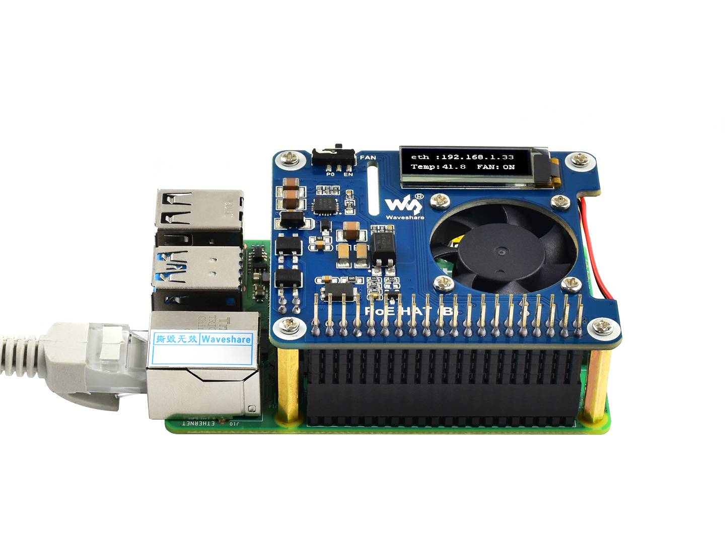 WaveShare Power over Ethernet HAT(B) for Raspberry Pi 3B+/4B and 802.3af PoE Network 18014-1