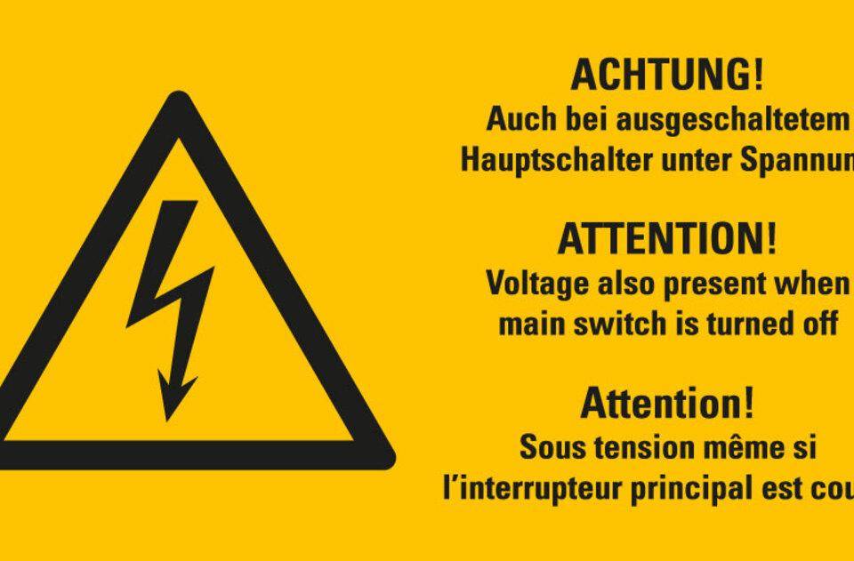 Warn-Kombischild Auch bei ausgesch., RoHS konform, 3-spr., Folie, 52x26mm, 10/Bogen, ASR A1.3, DIN EN ISO 7010 W012-0