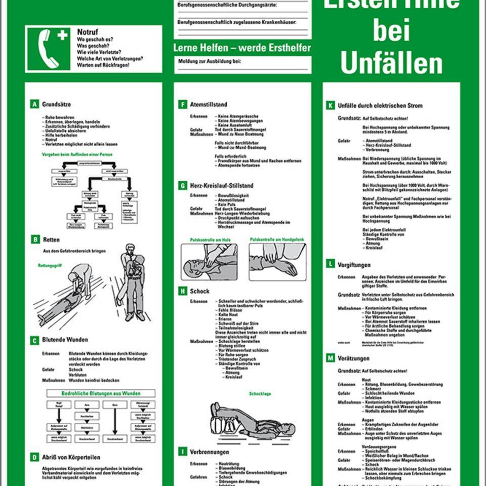 Aushang Anleitung zur Ersten Hilfe bei Unfällen, Kunststoff, 395x575mm