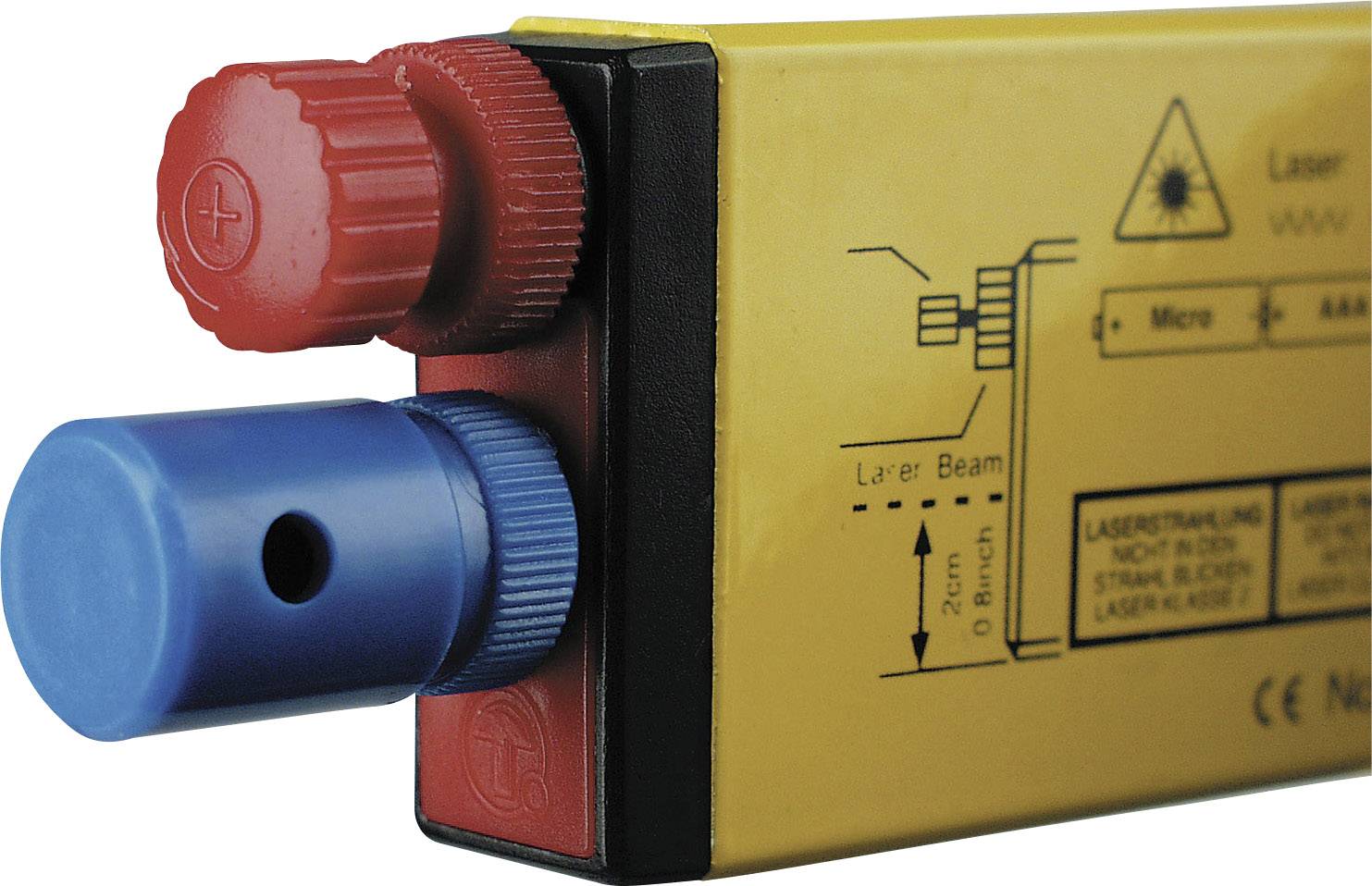 Gelbes Lasermodul mit roten und blauen Anschlüssen. Das Diagramm zeigt 'Laser Beam', 2 mm Breite. Symbol für Laserstrahlung vorhanden.