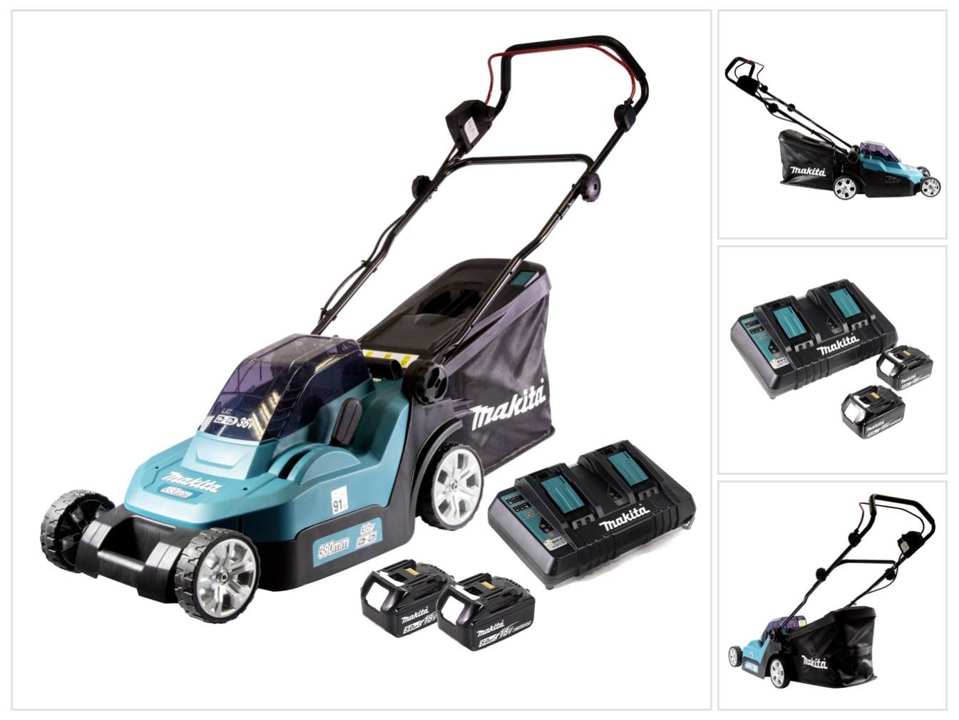 Makita DLM 382 PT2 Akku Rasenmäher 36 V ( 2x 18 V ) 38 cm 40 l + 2x Akku 5,0 Ah + Doppelladegerät-0
