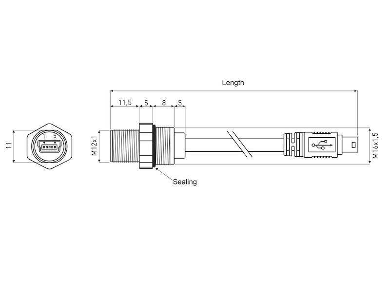 Encitech Connectors AB M12 Einbaubuchse Mini-USB 2.0 Typ B mit Kabel 0,5 m auf Stecker Mini-USB 2.0 Typ B Kunststoff und-2