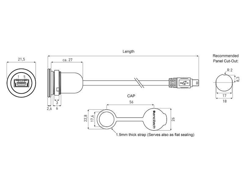 Encitech Connectors AB M16 Einbaubuchse Mini-USB 2.0 Typ B mit Kabel 1,0 m auf Stecker Mini-USB 2.0 Typ B Kunststoff und-1