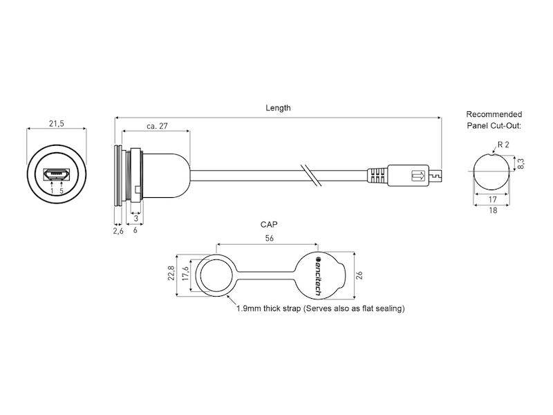 Encitech Connectors AB M16 Einbaubuchse Micro-USB 2.0 Typ B mit Kabel 1,5 m auf Stecker Micro-USB 2.0 Type B Kunststoff-1