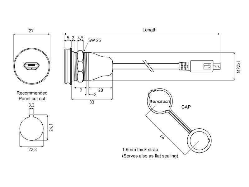 Encitech Connectors AB M22 Einbaubuchse Micro-USB 2.0 Typ B mit Kabel 1,5 m auf Stecker Micro-USB 2.0 Type B Kunststoff-1