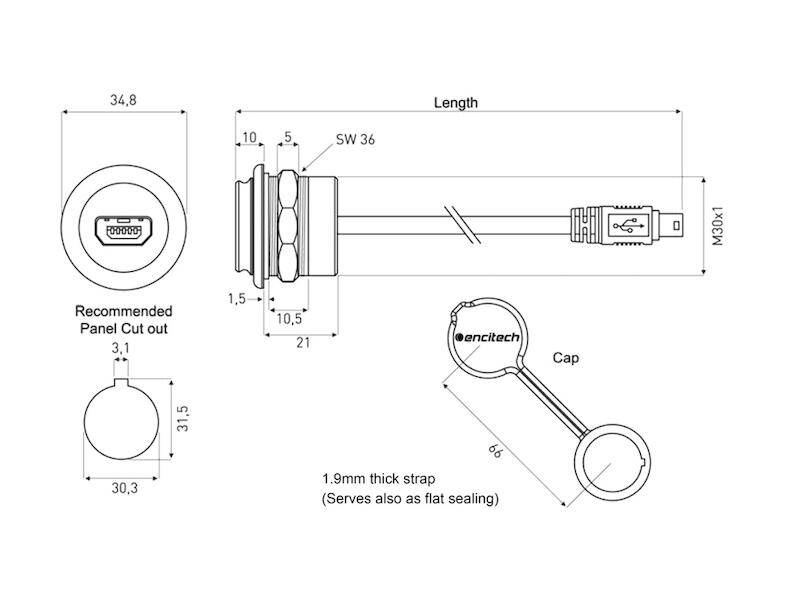 Encitech Connectors AB M30 Einbaubuchse Mini-USB 2.0 Typ AB mit Kabel 1,5 m auf Stecker Mini-USB-1