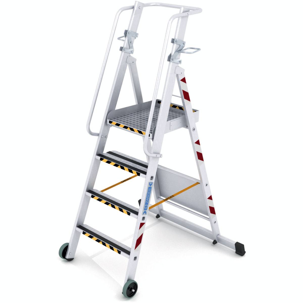 Rollbare Plattformleiter,Podest HxBxT 1070x500x450mm,4 Stufen m. R13-Belag,Quertraverse,Alu-0