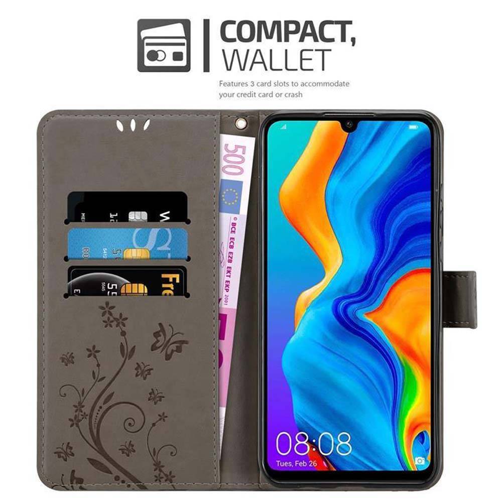 Cadorabo Hülle für Huawei P30 LITE Schutz Hülle in Grau Schutzhülle Handy Hülle Etui Case Blumen Flower-2