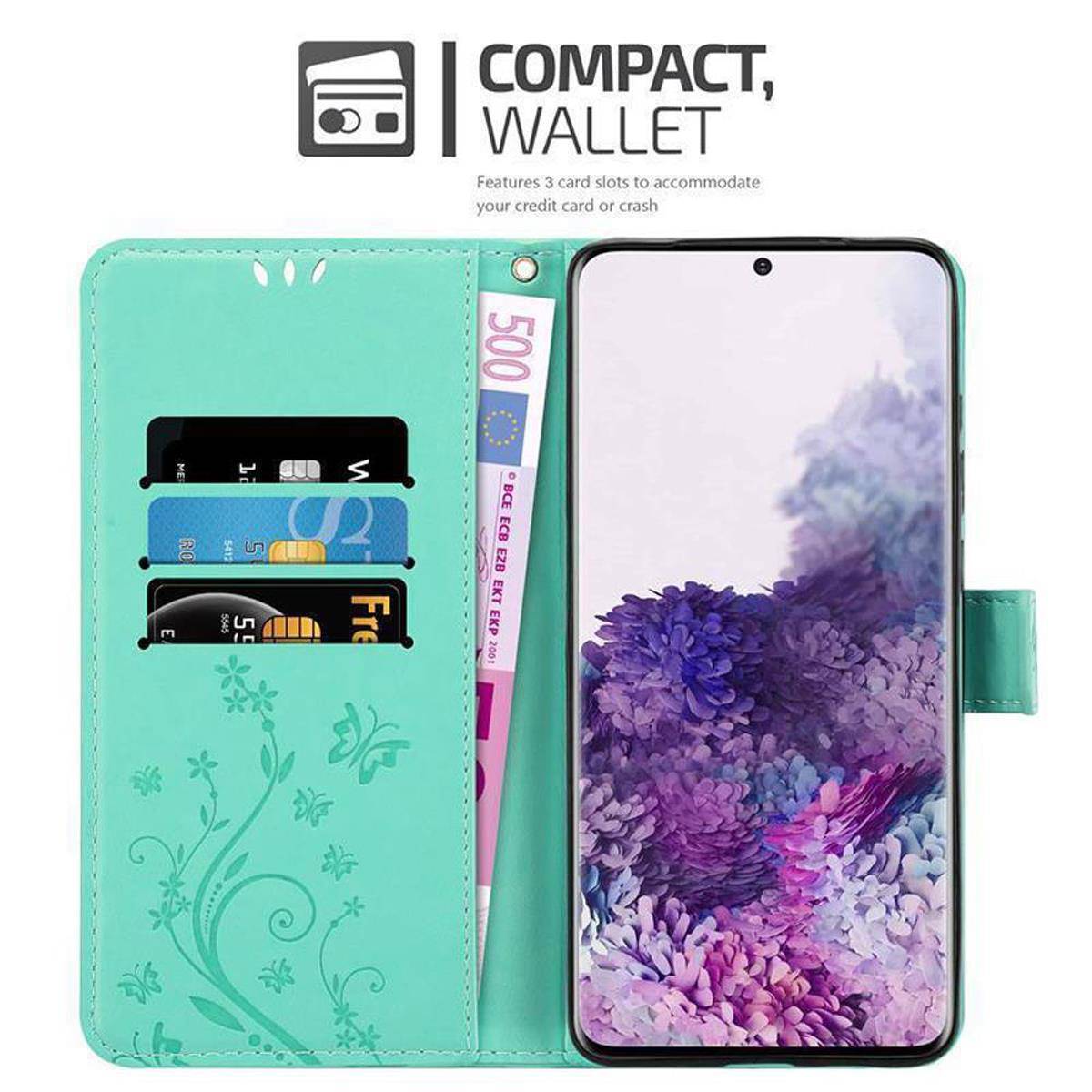 Cadorabo Hülle für Samsung Galaxy S20 Schutz Hülle in Türkis Schutzhülle Handy Hülle Etui Case Blumen Flower-1