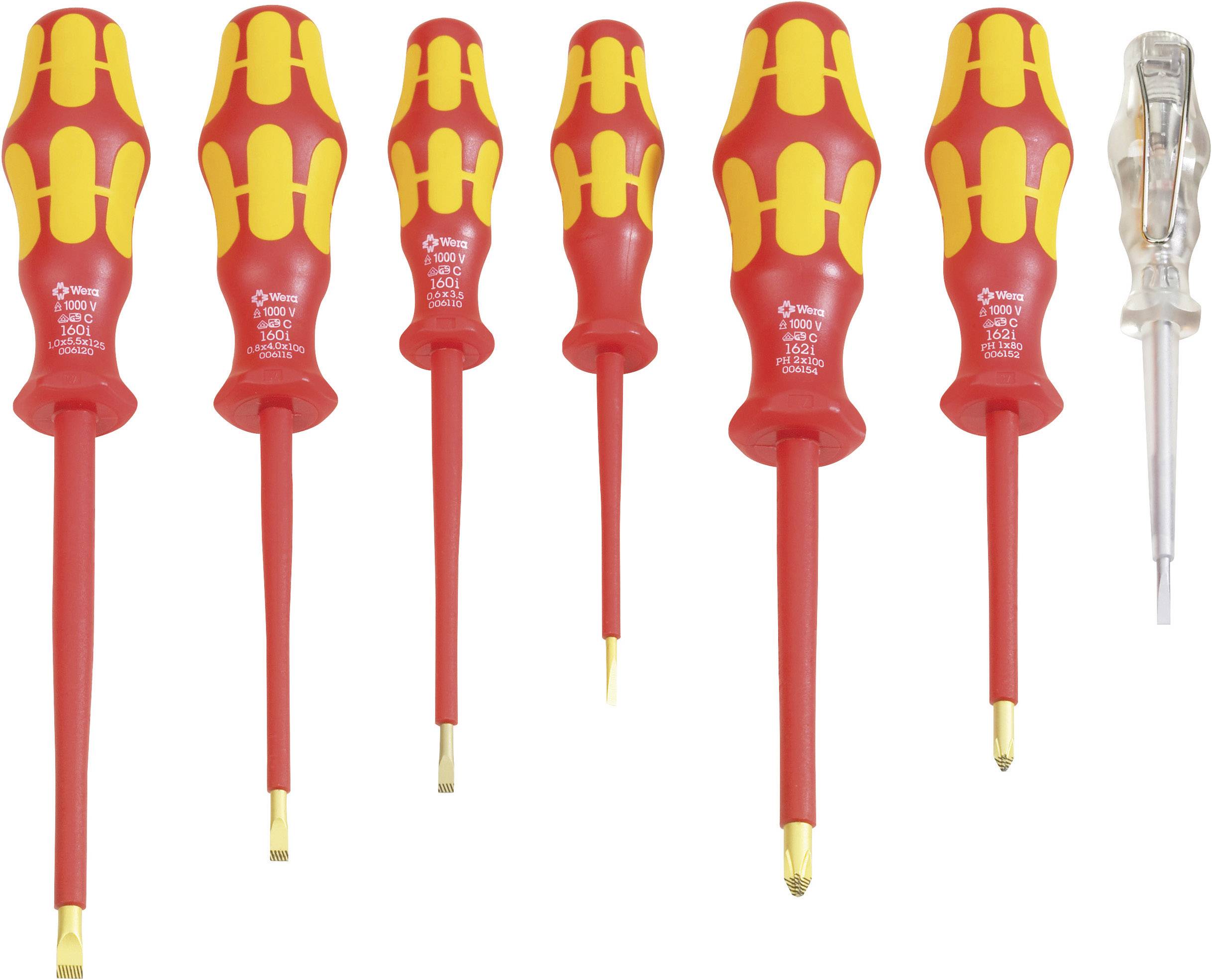 Ein Satz isolierter Schraubendreher in verschiedenen Größen mit roten Griffen und gelben Markierungen, und ein durchsichtiger Schraubendreher.