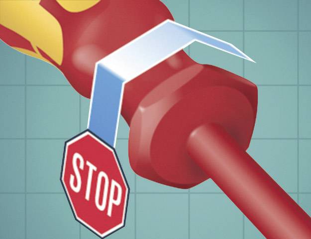 Ein rotes Kabel mit einem Stoppschild, das signalisiert, dass die Verbindung unterbrochen werden soll. Hintergrund ist blau kariert.