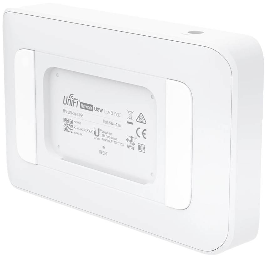 Rückansicht eines weißen Netzwerkschalters 'UniFi Networks USW Lite 8 PoE' mit technischen Details und Zertifizierungslogos.