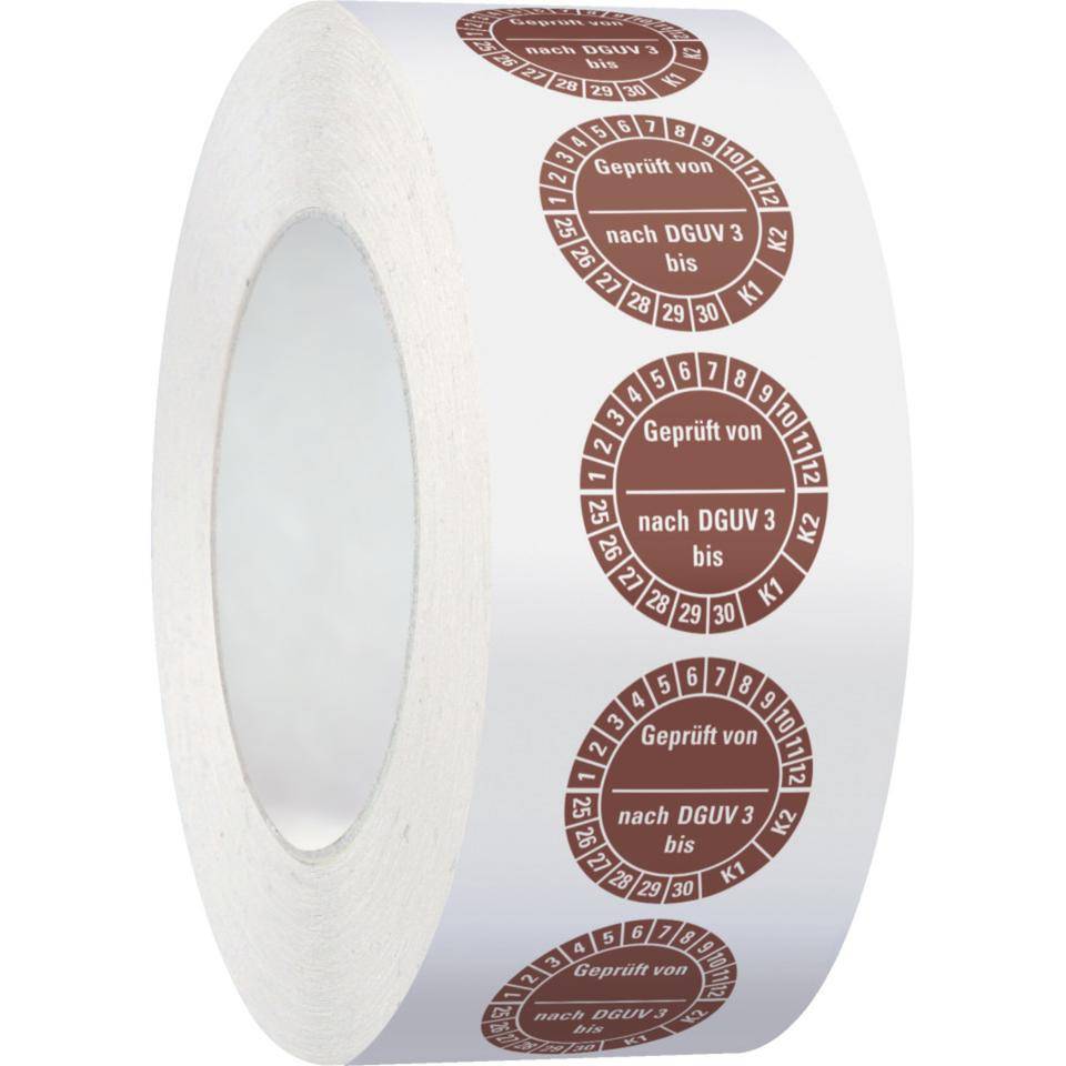 Prüfplakette geprüft von nach DGUV Vorschrift 3 K1/K2,25-30,braun,Dokumentenfolie,Ø 25mm,500/RO-1