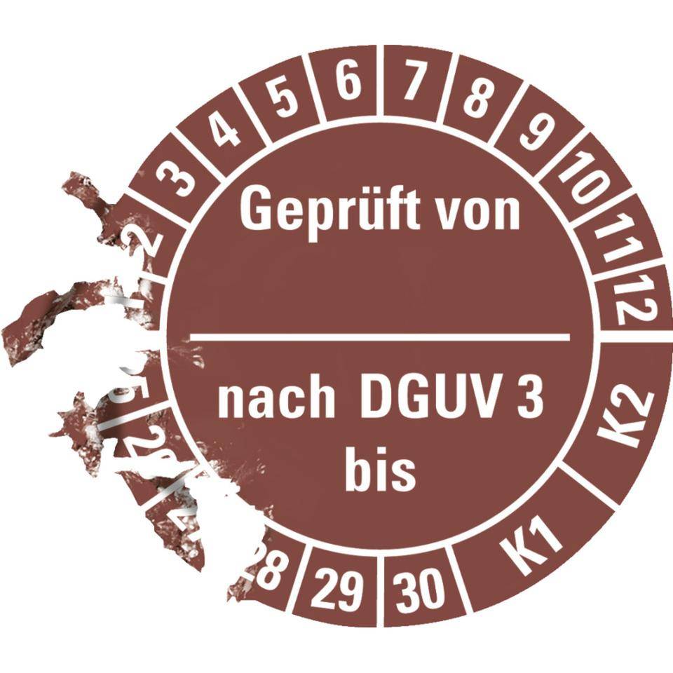 Prüfplakette geprüft von nach DGUV Vorschrift 3 K1/K2,25-30,braun,Dokumentenfolie,Ø 25mm,500/RO-2