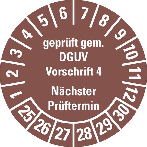 Prüfplakette Geprüft gemäß DGUV Vorschrift 4,25-30,braun,Dokumentenfolie,Ø30mm,18/BOG