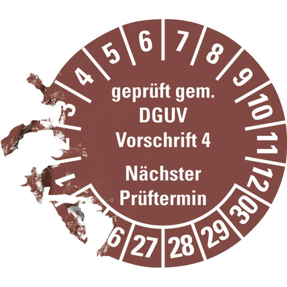 Prüfplakette Geprüft gemäß DGUV Vorschrift 4,25-30,braun,Dokumentenfolie,Ø30mm,18/BOG-2