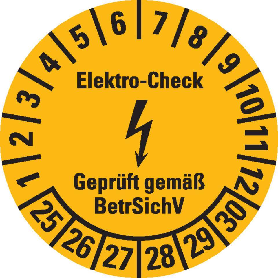 Prüfplakette Elektro-Check BetrSichV,25-30,gelb/schwarz,Dokumentenfolie,Ø 20mm,36/Bogen-0