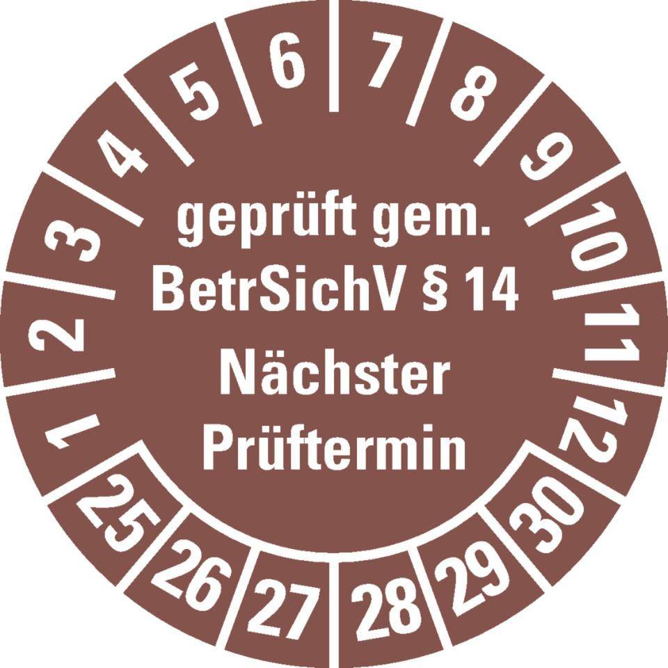 Prüfplakette geprüft gemäß BetrSichV §14,25-30,braun,Dokumentenfolie,Ø30mm,18/Bogen-0