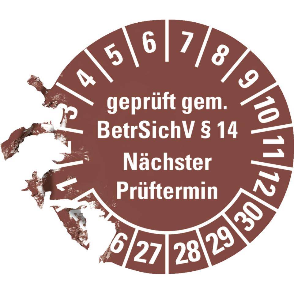 Prüfplakette geprüft gemäß BetrSichV §14,25-30,braun,Dokumentenfolie,Ø30mm,18/Bogen-2