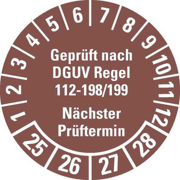 Prüfplakette Geprüft nach DGUV 112-198/199 25-28, braun, Ø 30mm, 18/Bogen
