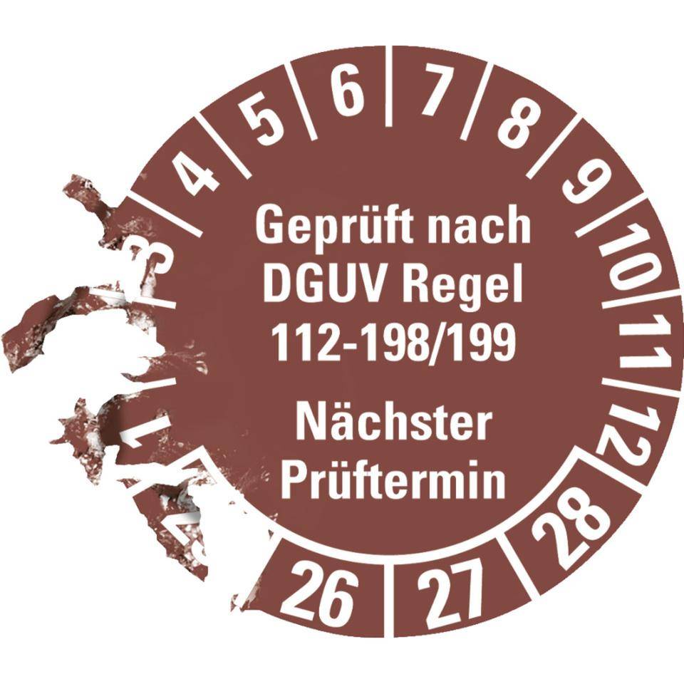 Prüfplakette Geprüft nach DGUV 112-198/199 25-28, braun, Ø 30mm, 18/Bogen-2