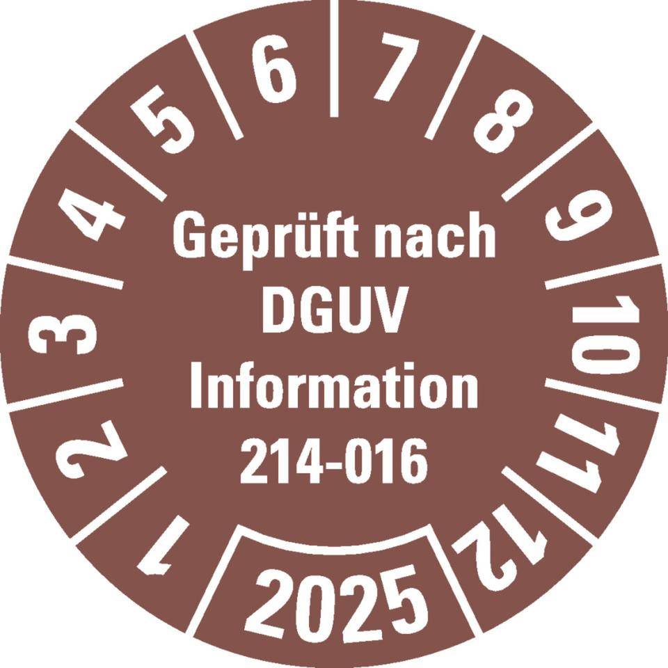 Prüfplakette Geprüft DGUV Info. 214-016, 2025, braun, Dokumentenfolie, Ø 30mm, 18/Bogen-0