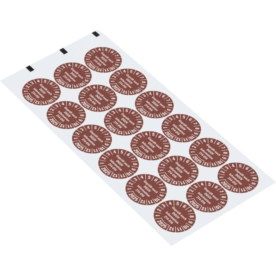 Prüfplakette Geprüft DGUV Info. 214-016, 2025, braun, Dokumentenfolie, Ø 30mm, 18/Bogen-1