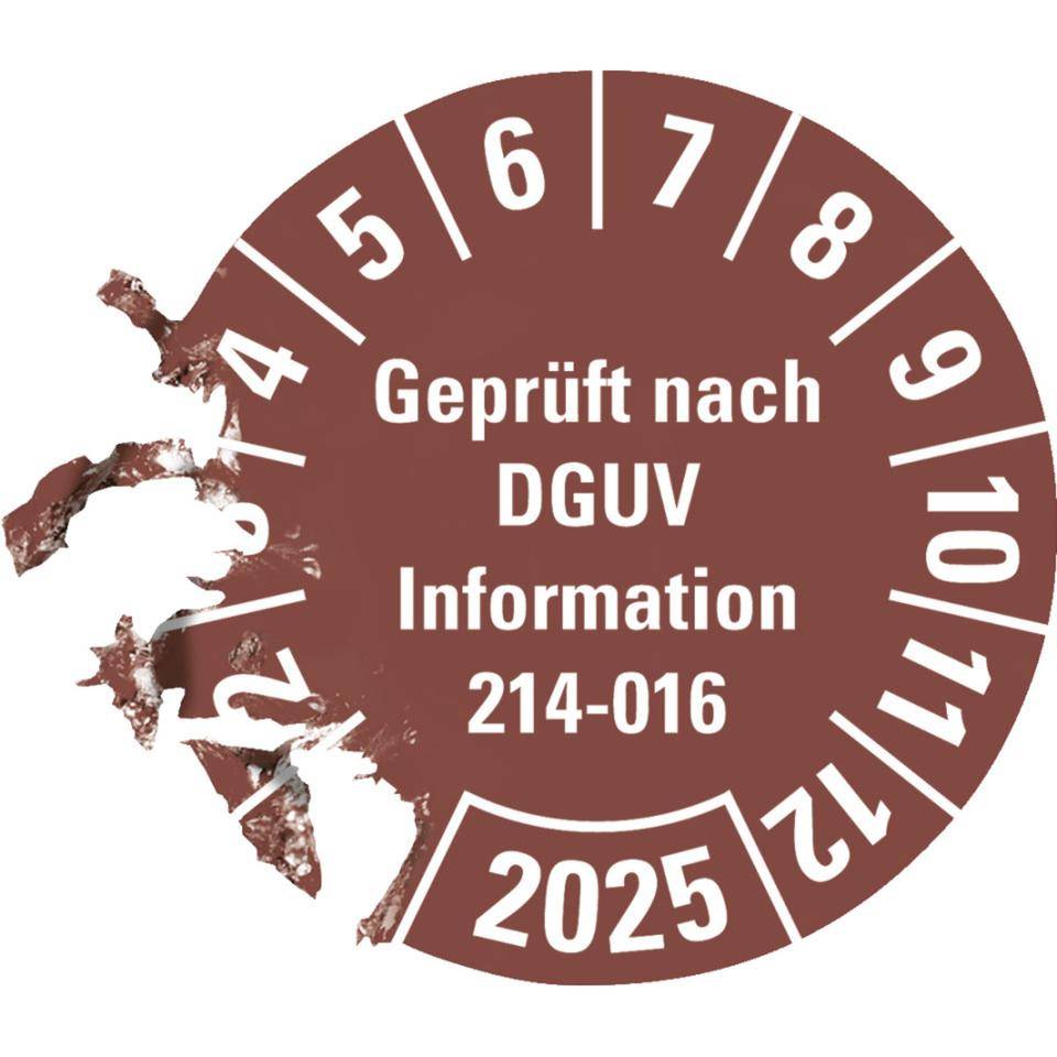 Prüfplakette Geprüft DGUV Info. 214-016, 2025, braun, Dokumentenfolie, Ø 30mm, 18/Bogen-2