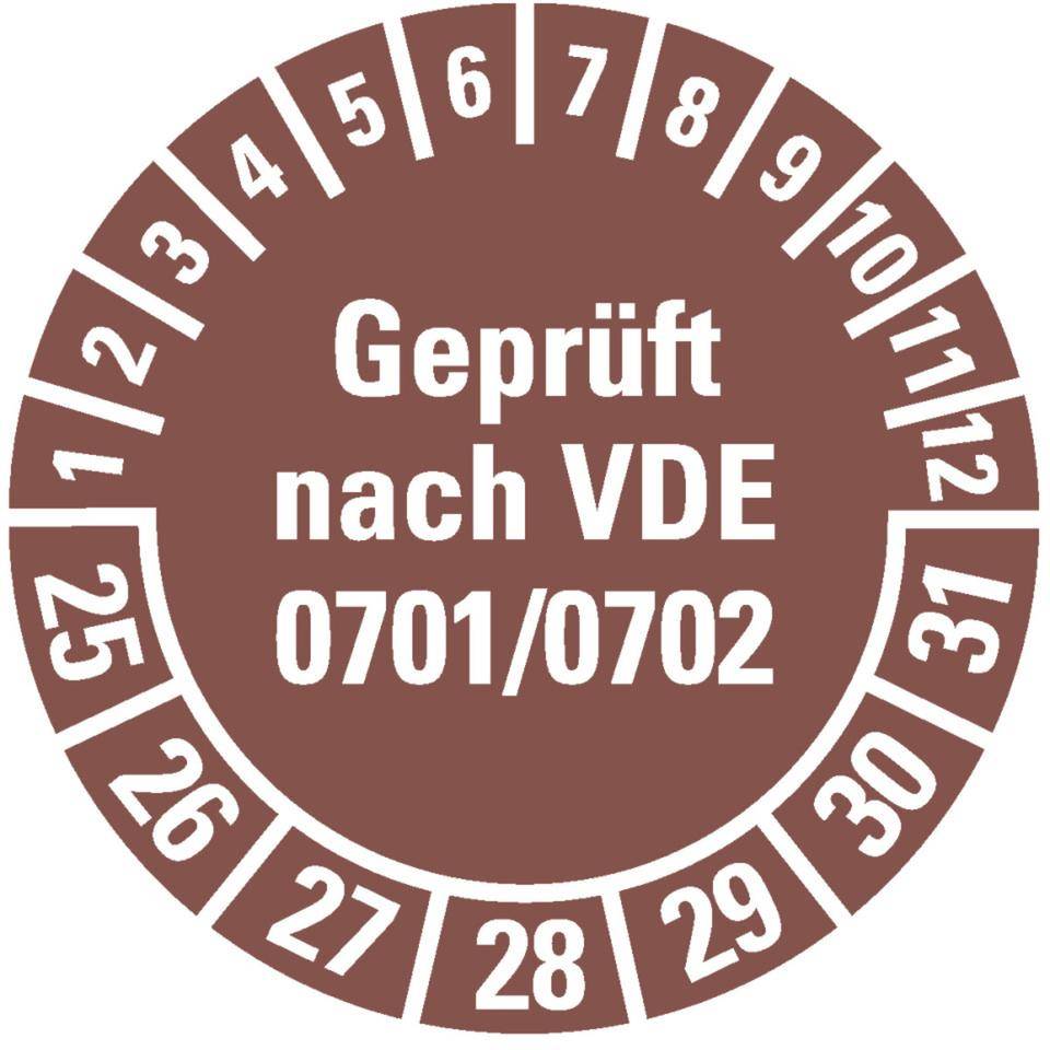 Prüfplakette Geprüft VDE 0701/0702 25-31, braun, Dokumentenfolie, Ø30mm, 18/Bogen-0