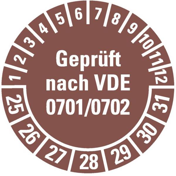 Prüfplakette Geprüft VDE 0701/0702 25-31, braun, Dokumentenfolie, Ø30mm, 18/Bogen