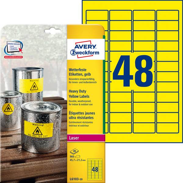 Avery Zweckform L6103 - Polyester - permanenter Klebstoff - Gelb - 45.7 x 21.2 mm 960 Etikett(en) (20 Bogen x 48)