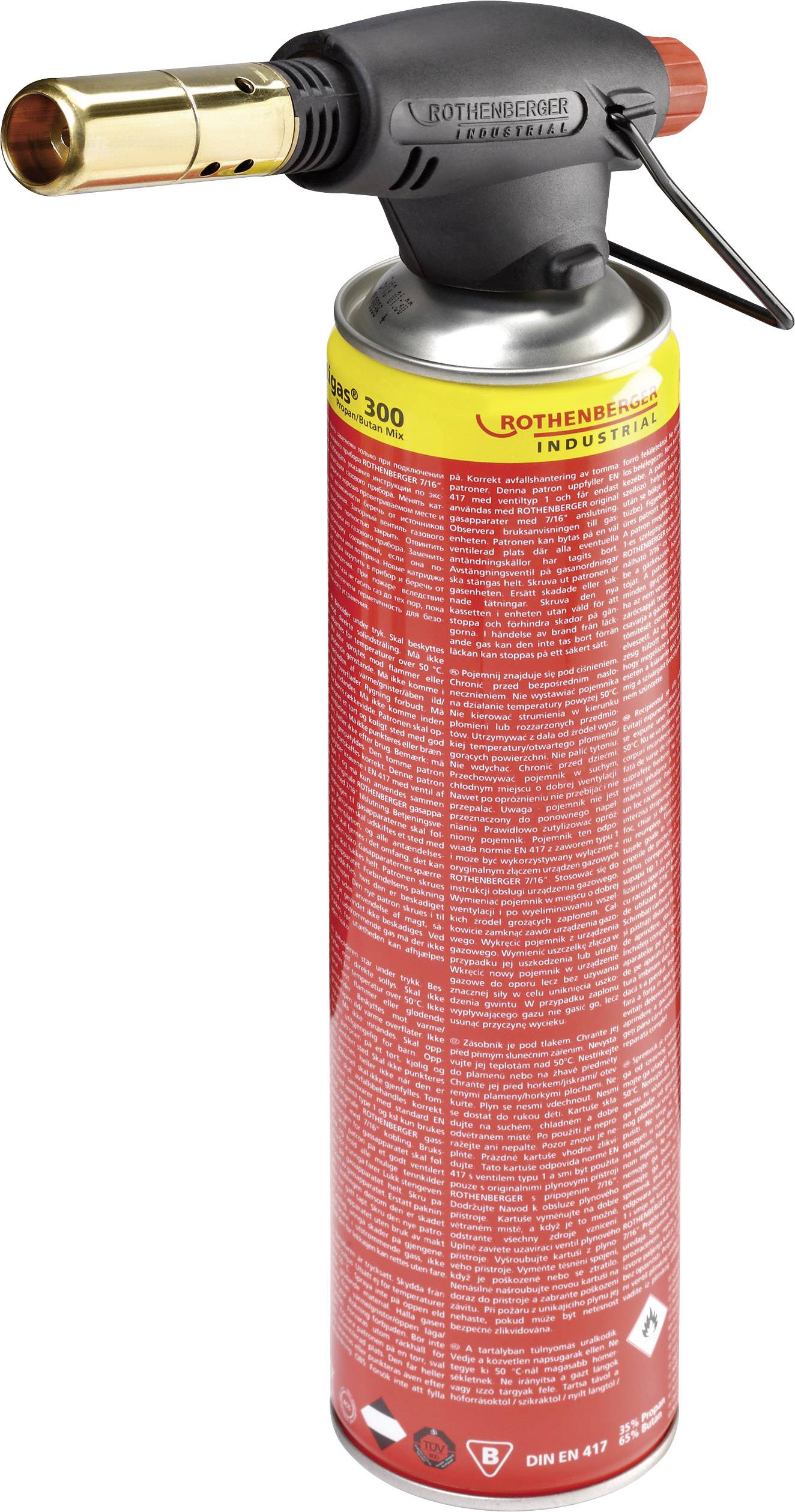 Ein Gasbrenner mit roter Kartusche, geeignet für Lötarbeiten. Oben ist der Düsenkopf mit einem Bedienhebel und Sicherheitsmerkmalen.