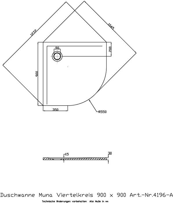Hoesch Viertelkreis-Duschwanne MUNA 900x90x30mm we-1