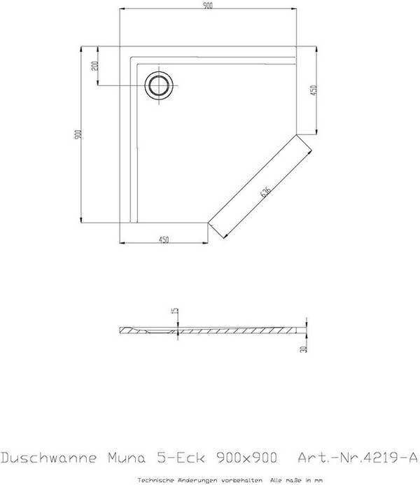 Hoesch Fünfeck-Duschwanne MUNA ultraflach 900x900x30mm we