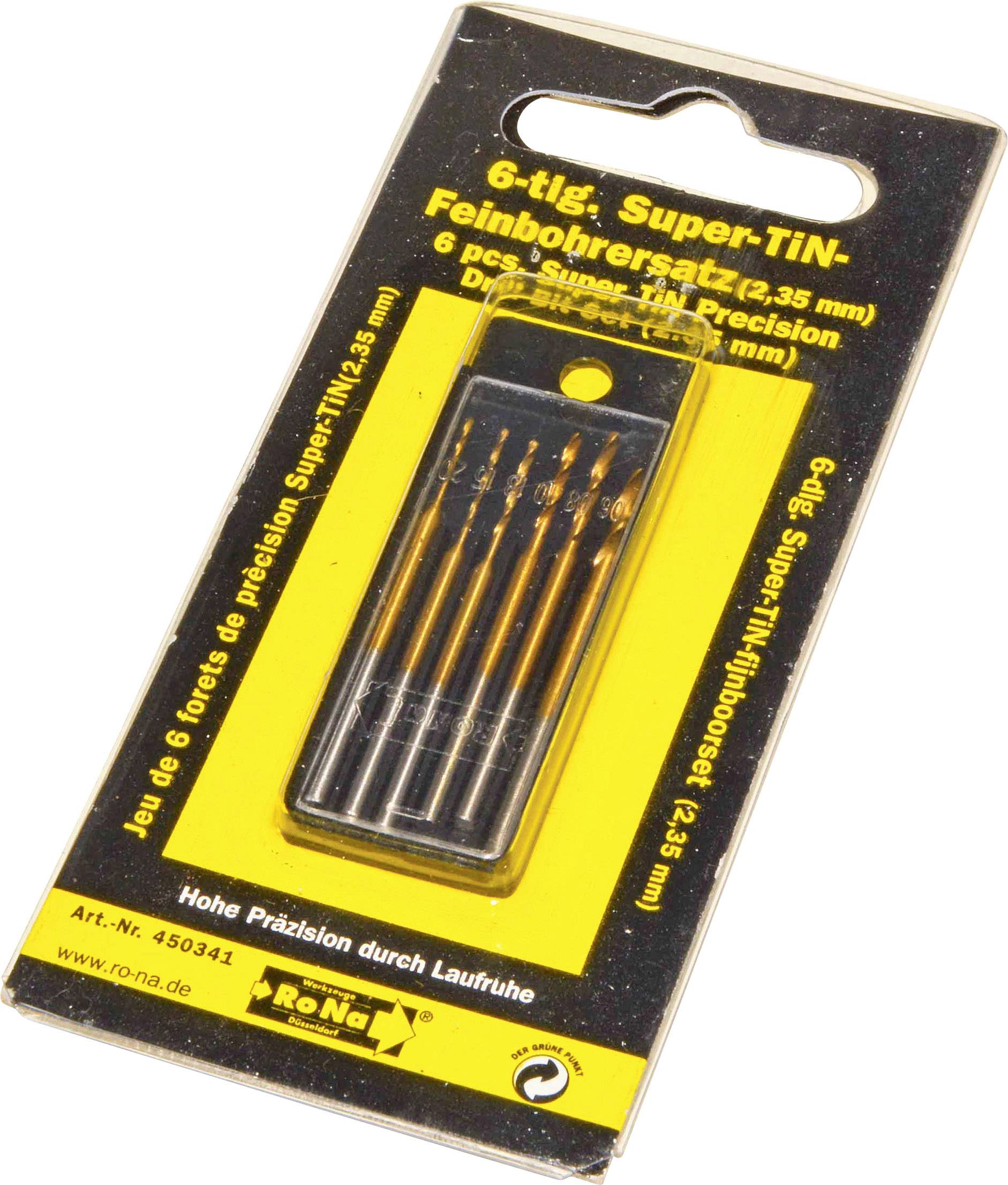 '6-tlg. Super-TiN-Feinbohrersatz (Ø 2,35 mm) für Präzisionsbohrungen'. Schwarze Verpackung mit sechs kleinen Bohrern innen.
